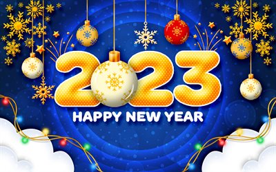 2023 새해 복 많이 받으세요, 추상 노란색 숫자, 2023년 컨셉, 화려한 크리스마스 공, 2023 노란색 숫자, 크리스마스 장식, 새해 복 많이 받으세요 2023, 창의적인, 2023 파란색 배경, 2023년, 메리 크리스마스