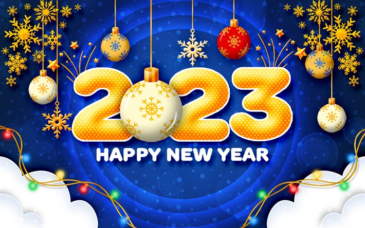 2023 hyvää uutta vuotta, abstrakteja keltaisia ​​numeroita, 2023 konseptit, värikkäitä joulupalloja, 2023 keltaista numeroa, joulukoristeita, hyvää uutta vuotta 2023, luova, 2023 sininen tausta, 2023 vuosi, hyvää joulua