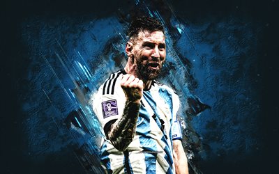 Lionel Messi, World Champion 2022, world football star, Qatar 2022, blue grunge background, Messi art, Argentina national football team, Argentina, football