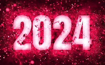 feliz ano novo 2024, 4k, luzes de neon rosa, 2024 conceitos, 2024 feliz ano novo, arte de neon, criativo, 2024 fundo rosa, 2024 anos, 2024 dígitos rosa