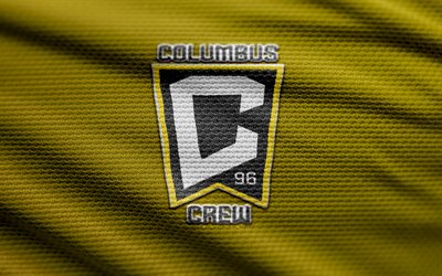 Columbus Crew fabric logo, 4k, yellow fabric background, MLS, bokeh, soccer, Columbus Crew logo, football, Columbus Crew emblem, Columbus Crew, american soccer club, Columbus Crew FC