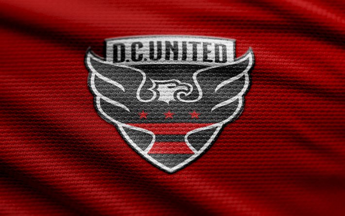 dc united fabric logo, 4k, sfondo in tessuto rosso, mls, bokeh, calcio, dc united logo, dc united emblem, dc united, club di calcio americano, dc united fc