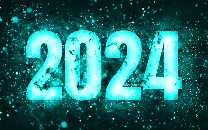 明けましておめでとう2024, 4k, ターコイズネオンライト, 2024概念, 2024年明けましておめでとうございます, ネオンアート, クリエイティブ, 2024ターコイズの背景, 2024年, 2024ターコイズディジット