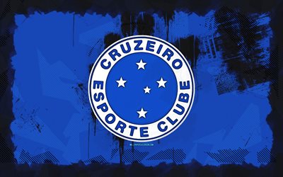 Cruzeiro grunge logo, 4k, Brazilian Serie A, blue grunge background, soccer, Cruzeiro emblem, football, Cruzeiro logo, Cruzeiro EC, brazilian football club, Cruzeiro FC