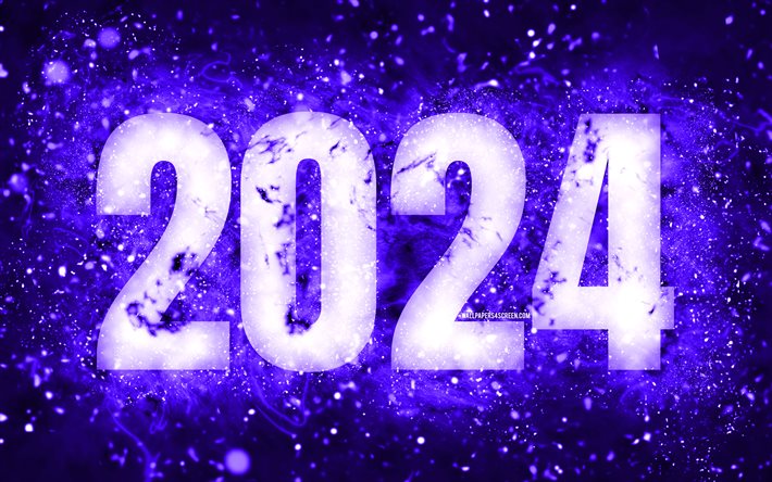 4k, feliz año nuevo 2024, luces neón azul oscuro, 2024 conceptos, 2024 feliz año nuevo, arte de neón, creativo, 2024 fondo azul oscuro, 2024 año, 2024 dígitos azul oscuro