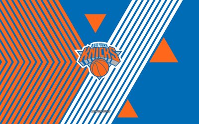 new york knicks logo, 4k, amerikanisches basketballteam, hintergrund von orangenblau linien, new york knicks, nba, usa, linienkunst, new york knicks emblem, basketball
