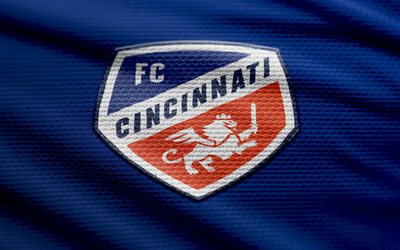 FC Cincinnati fabric logo, 4k, blue fabric background, MLS, bokeh, soccer, FC Cincinnati logo, football, FC Cincinnati emblem, FC Cincinnati, american soccer club, Cincinnati FC