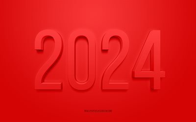 2024 Happy New Year, red background, 2024 greeting card, Happy New Year, red 2024 background, 2024 concepts