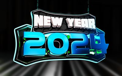 4k, 2024 Happy New Year, signboard, 3D digits, 2024 blue digits, 2024 year, artwork, 2024 concepts, 2024 3D digits, Happy New Year 2024, creative, 2024 black background