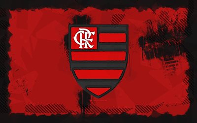 Flamengo RJ grunge logo, 4k, Brazilian Serie A, red grunge background, soccer, Flamengo RJ emblem, football, Flamengo RJ logo, Flamengo RJ, brazilian football club, Flamengo FC