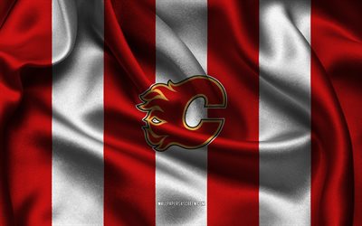 4k, logo des flammes de calgary, tissu de soie blanc rouge, équipe de hockey canadien, calgary flames emblem, dans la lnh, flames de calgary, canada, etats unis, le hockey, flag de calgary flames