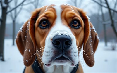 4k, Beagle, winter, bokeh, forest, dogs, muzzle, cute animals, pets, dog in forest, Beagle Dog