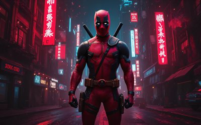 4k, dead pool, calle, arte 3d, cómics marvel, paisaje nocturno, superhéroes, obra de arte, arte de deadpool, creativo, consorcio inactivo 4k