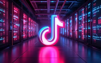 4k, TikTok colorful neon logo, darkness, social networks, datacenter racks, artwork, TikTok logo, bokeh, brands logo, TikTok 3D logo, brands, TikTok