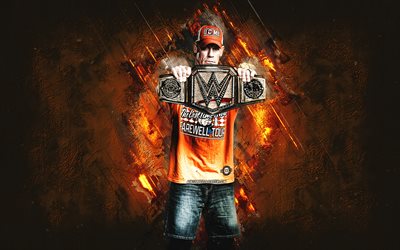 John Cena, WWE, American wrestler, orange stone background, WWE Intercontinental Champion, grunge art, USA, wrestling, John Felix Anthony Cena Jr, John Cena WWE, World Wrestling Entertainment