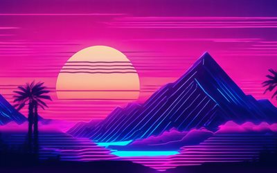 4k, puesta de sol abstracta, palmas, montañas, horizonte, arte de microondas, sintetizador futuro, creativo, paisajes abstractos, microondas, fondos de naturaleza abstracta, luna, paisajes de microondas, playa de microondas