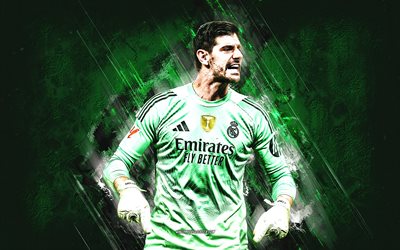 thibaut courtois, real madrid cf, belgialaiset jalkapalloilijat, maalivahti, vihreä kivi tausta, grunge taidetta, jalkapallo, real madrid, la liga, thibaut nicolas marc courtois, laliga, thibaut courtois real madrid