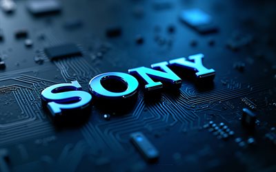 logo bleu sony, 4k, fond de technologie bleue, emblème sony, logo 3d bleu sony, signe sony, carte mère noire, panneau bleu sony, logo sony, sony