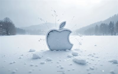 apple logo lumesta, 4k, applen talvilogo, talvinen maisema, apple merkki, applen tunnus, applen logo, applen 3d logo, omena, talvi