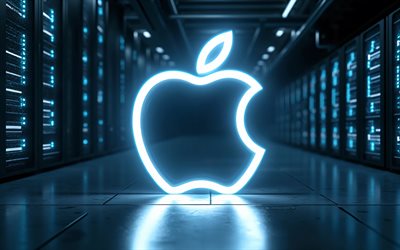 4k, weißes neon logo von apple, bokeh, elektronikmarken, racks für rechenzentren, kunstwerk, apple logo, dunkelheit, markenlogo, apple neon logo, apfel, marken, leuchtendes apple logo