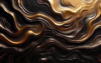 textura de piedra de ondas doradas 3d, fondo de piedra 3d, fondo de ondas de pintura dorada, fondo 3d negro y dorado, textura de piedra, salpicaduras de pintura dorada, venas de oro sobre un fondo negro
