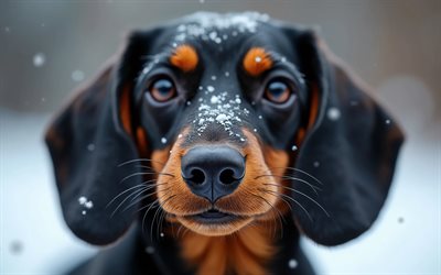 4k, perro tejonero, invierno, bokeh, bosque, perros, bozal, animales lindos, mascotas, perro en el bosque, perro salchicha