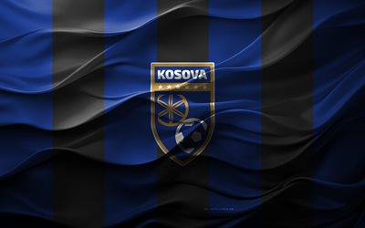 4k, Kosovo national football team logo, blue black 3D background, Europe, Kosovo national football team emblem, Kosovo national football team flag, 3D texture, Kosovo national football team, football, Kosovo