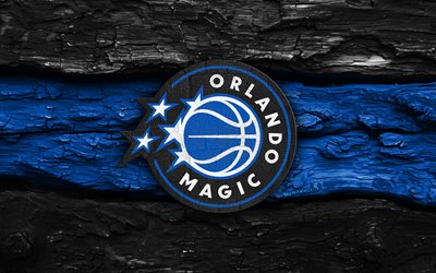 logotipo de madera de orlando magic, 4k, fondo de madera azul negro, nba, baloncesto, logotipo del magic de orlando, emblema mágico de orlando, equipo de baloncesto americano, magia de orlando