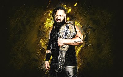 Jacob Fatu, WWE, American wrestler, golden stone background, WWE Intercontinental Champion, grunge art, USA, wrestling, Jacob Samuel Fatu, Jacob Fatu WWE, World Wrestling Entertainment