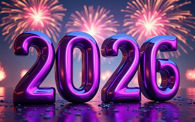 4k, 2026 violettia 3d numeroa, bokeh, violetti ilotulitus, onnellista uutta vuotta, yö, 2026 konseptit, luova, 2026 3d numerot, 2026 kirjoitus, 2026 violettia numeroa, 2026 uusi vuosi, 2026 taide