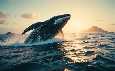 balena megattera, 4k, sera, tramonto, isole, la balena salta fuori dall'acqua, balene, oceano, megaptera novaeangliae, grande balena, salto della balena, balena