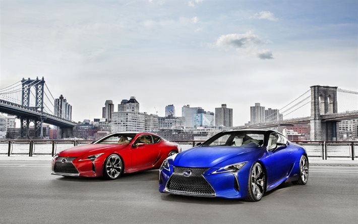 Lexus LC, 2016, sports coupe, blue, red, new cars, Lexus