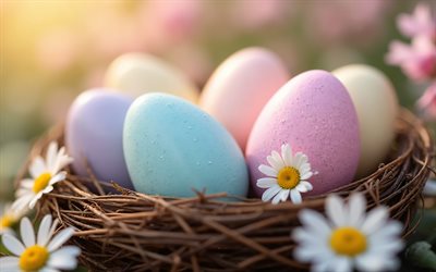 Easter eggs in a nest, 4k, Happy Easter, spring landscape, decorated Easter eggs, Easter concept, Easter decorations, Easter