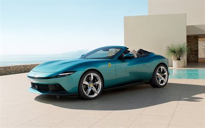 2027, ferrari amalfi araignée, 4k, vue de face, extérieur, ferrari bleue amalfi, supercars, nouvelle ferrari amalfi 2027, voitures de sport italiennes, ferrari