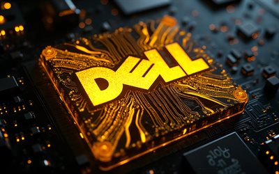 goldleuchtendes dell logo, 4k, schwarzes mainboard, dell metalllogo, dell emblem, dell goldenes leuchtendes schild, dell logo, schwarzer technologiehintergrund, dell