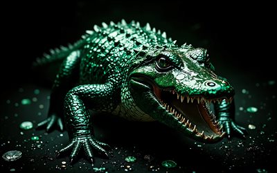 alligator, 4k, raubtier, grüne steine, alligatoren, wilde tiere, krokodil, kreative kunst, schwarzer hintergrund, alligator im dunkeln, krokodile