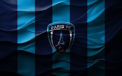 4k, Paris FC logo, blue 3D background, Paris FC emblem, Ligue 2, French football team, Paris FC flag, 3D texture, Paris FC, football, France