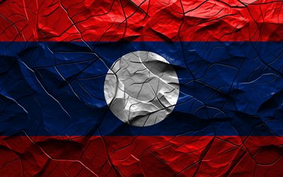 4k, bandera de laos, textura de piedra, asia, bandera de laos 3d, fondo con grietas, laos