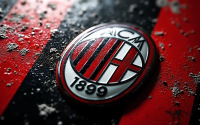 logo en métal de l'ac milan, 4k, logo grunge de l'ac milan, fond de métal noir rouge, série a, milan, logo de l'ac milan, emblème de l'ac milan, italie, milan ac, football