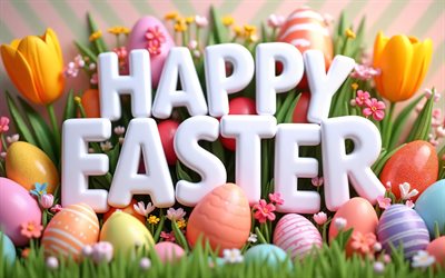 4k, Happy Easter, green grass, white 3D letters, tulips, Golden Easter eggs, Easter frames, Easter decorations, Easter backgrounds, Easter eggs, Happy Easter inscription, Easter