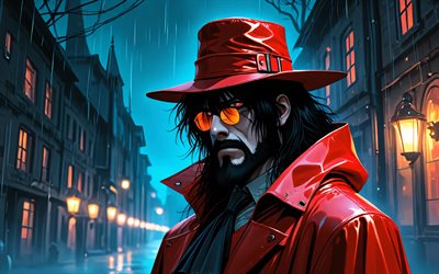 4k, alucard, noche, gafas naranjas, infierno, calle, lluvia, impermeable rojo, conde drácula, manga, dorakyura, manga hellsing, personaje de alucard, arte alucard, personajes infernales, alucard hellsing
