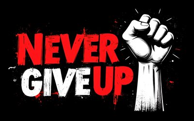 Never Give Up, 4k, grunge art, Never Give Up quote, Never Give Up concepts, Never Give Up art, hand with clenched fist, creative art