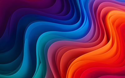 4k, ondas 3d coloridas, ondas de papel, projeto de materiais, arte em papel, abstração colorida, curvas 3d coloridas, fundo ondulado abstrato, curvas abstratas, obra de arte, ondas abstratas, fundos abstratos