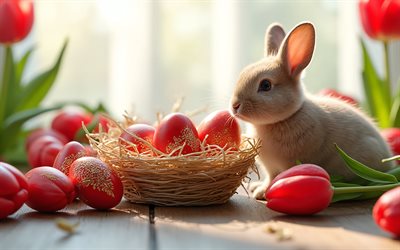 Red Easter eggs with ornaments, 4k, Easter bunny, Happy Easter, Easter concepts, cute bunny, red Easter eggs, Easter decorations, Easter, red tulips, spring