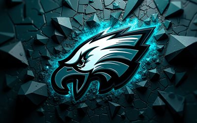 4k, Philadelphia Eagles metal logo, turquoise glare, turquoise 3D background, NFL, american football, creative, Philadelphia Eagles logo, Philadelphia Eagles 3D logo, american football team, Philadelphia Eagles