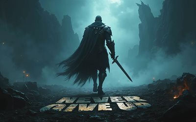Never Give Up, 4k, warrior with sword, darkness, motivation, inspiration, popular short quotes, Never Give Up concepts, Never Give Up inspiration, creative, Never Give Up Art