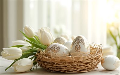 white Easter eggs with ornaments, Happy Easter, Easter concepts, white Easter eggs, Easter decorations, Easter, white tulips, spring