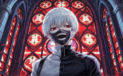 Ken Kaneki, 4k, darkness, stained glass windows, Tokyo Ghoul characters, Kaneki Ken, mask, protagonist, Tokyo Ghoul, artwork, Ken Kaneki art, Ken Kaneki Tokyo Ghoul