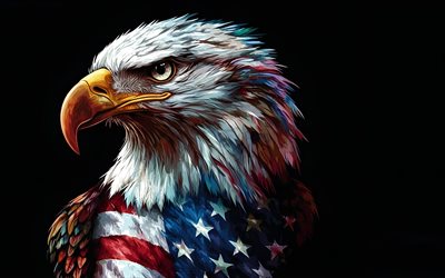 águila calva con la bandera americana, 4k, dibujado por el águila calva, bandera de estados unidos en el pecho del águila, águila calva, cuatro de julio, pintar arte, 4 de julio, bandera de estados unidos, aves de presa, fondo negro, eeuu