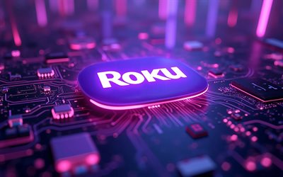 4k, logotipo brilhante roku, escuridão, fundo roxo de alta tecnologia, microcircuitos, condutores, marcas de televisão na internet, criativo, logotipo roku no microcircuito, marcas, logotipo roku 3d, obra de arte, logotipo do roku, roku